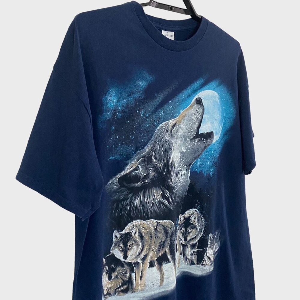 Y2K Wolf Pack Full Moon T-Shirt Men's XL Blue Graphic Short-Sleeve Nature Tee - Picture 3 of 10